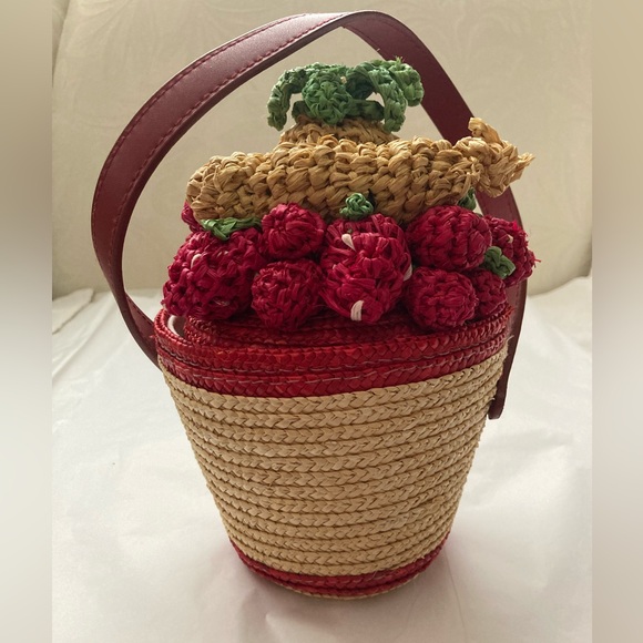 VTG Lulu Guinness Wheat Straw Fruit Bowl crocheted purse red leather strap - Picture 4 of 16